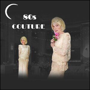 Couture Gown Pink Lace Drop Waist Covered in Rhinestones  Rose Taft 80s Vintage